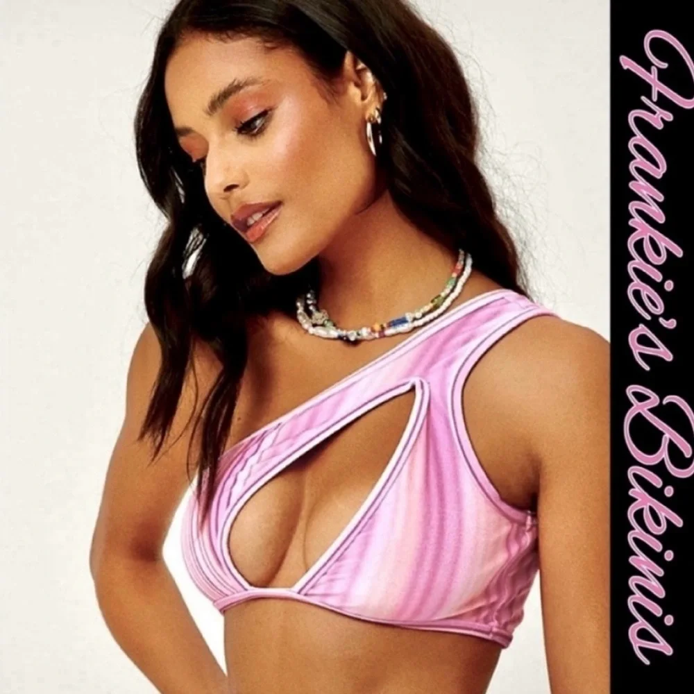 Frankie’s Bikinis Syd Velvet Pink Stripe Bikini Top NWT L
